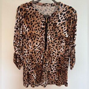 Leopard Print Zip Front Blouse 2X